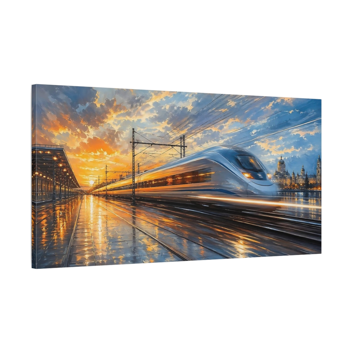 Main Mockup. Abstract Bullet Train Orange And Blue shown as stretched canvas wall art