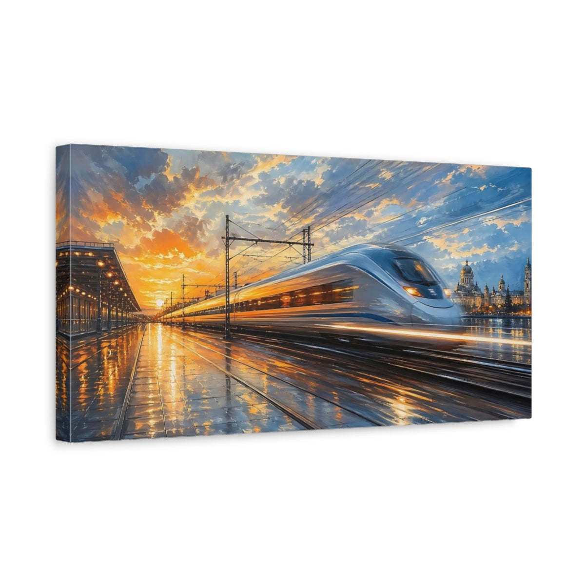 Side Mockup 3. Abstract Bullet Train Orange And Blue shown as stretched canvas wall art