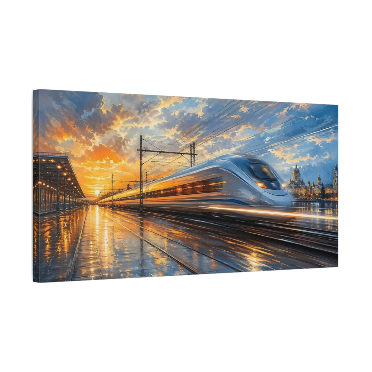 Side Mockup 1. Abstract Bullet Train Orange And Blue shown as stretched canvas wall art
