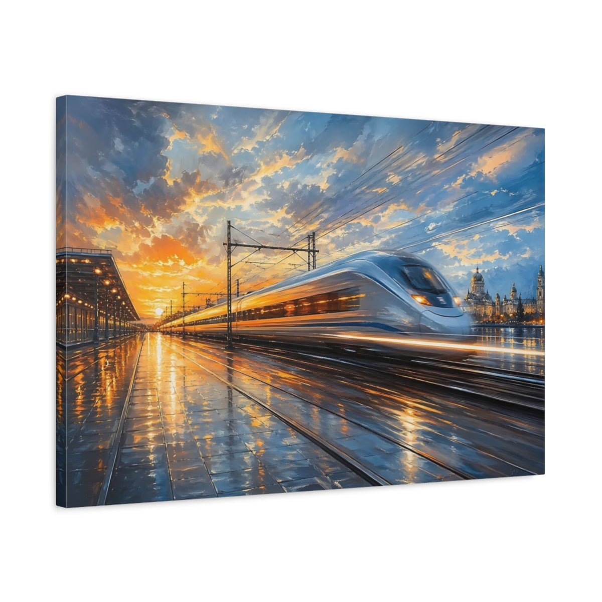Side Mockup 2. Abstract Bullet Train Orange And Blue Train shown as stretched canvas wall art