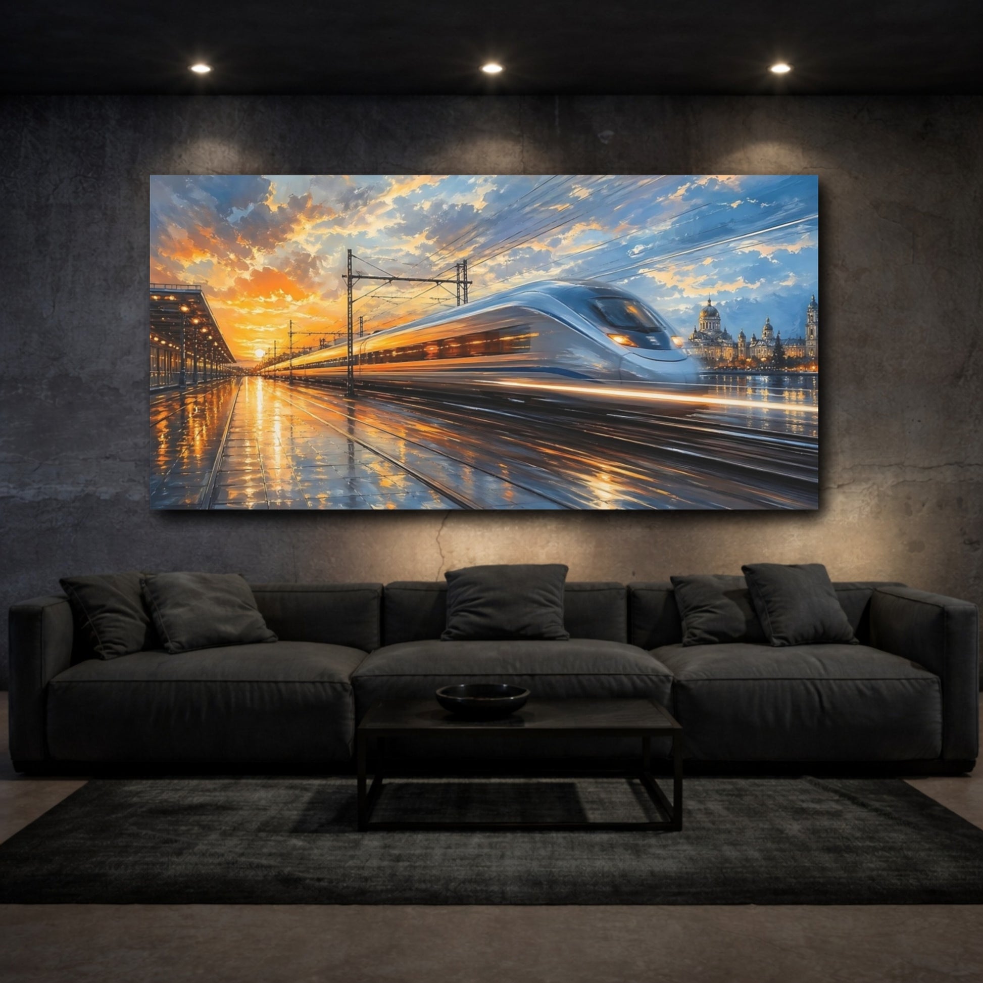 Mockup 2. Abstract Bullet Train Orange And Blue shown as stretched canvas wall art