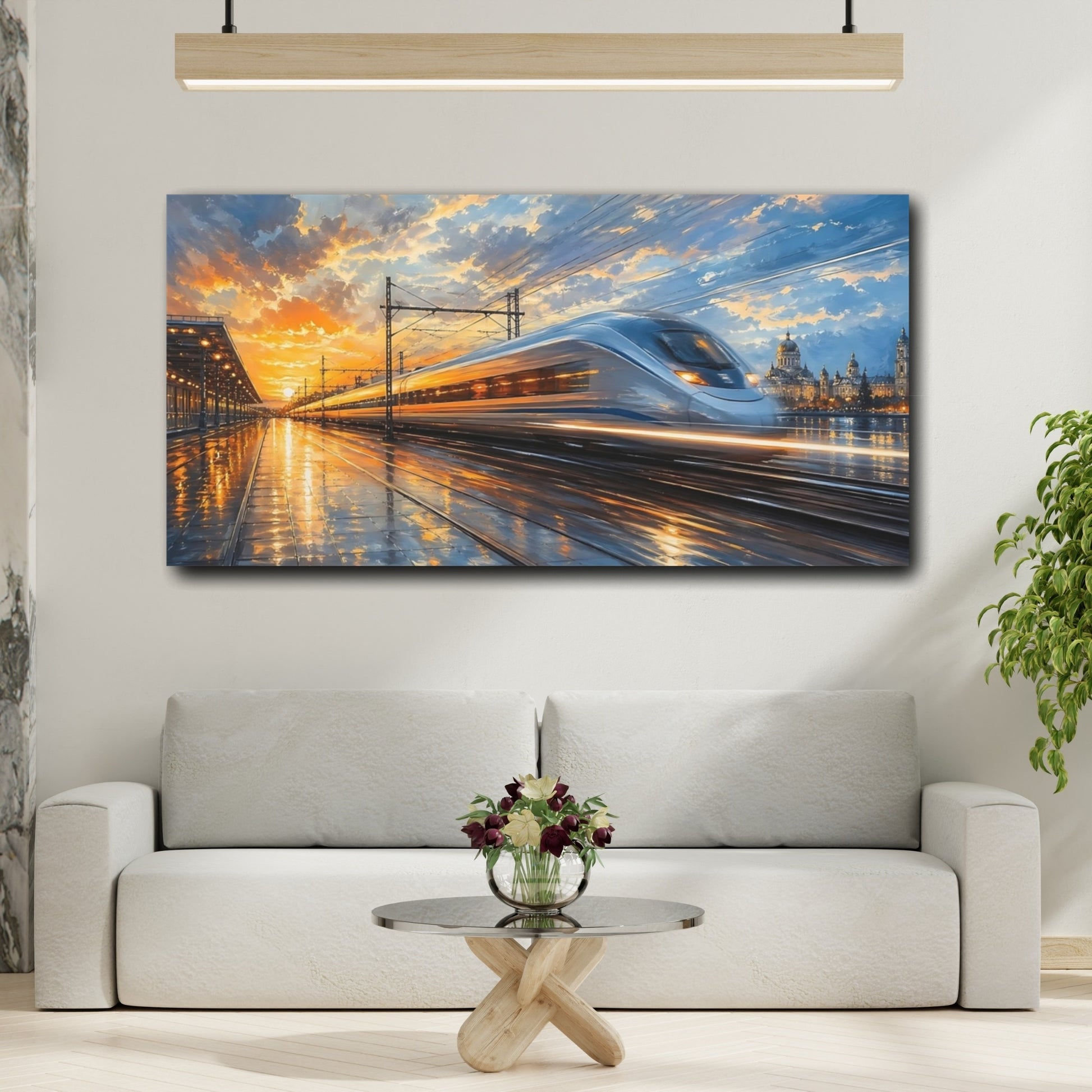 Mockup 3. Abstract Bullet Train Orange And Blue shown as stretched canvas wall art