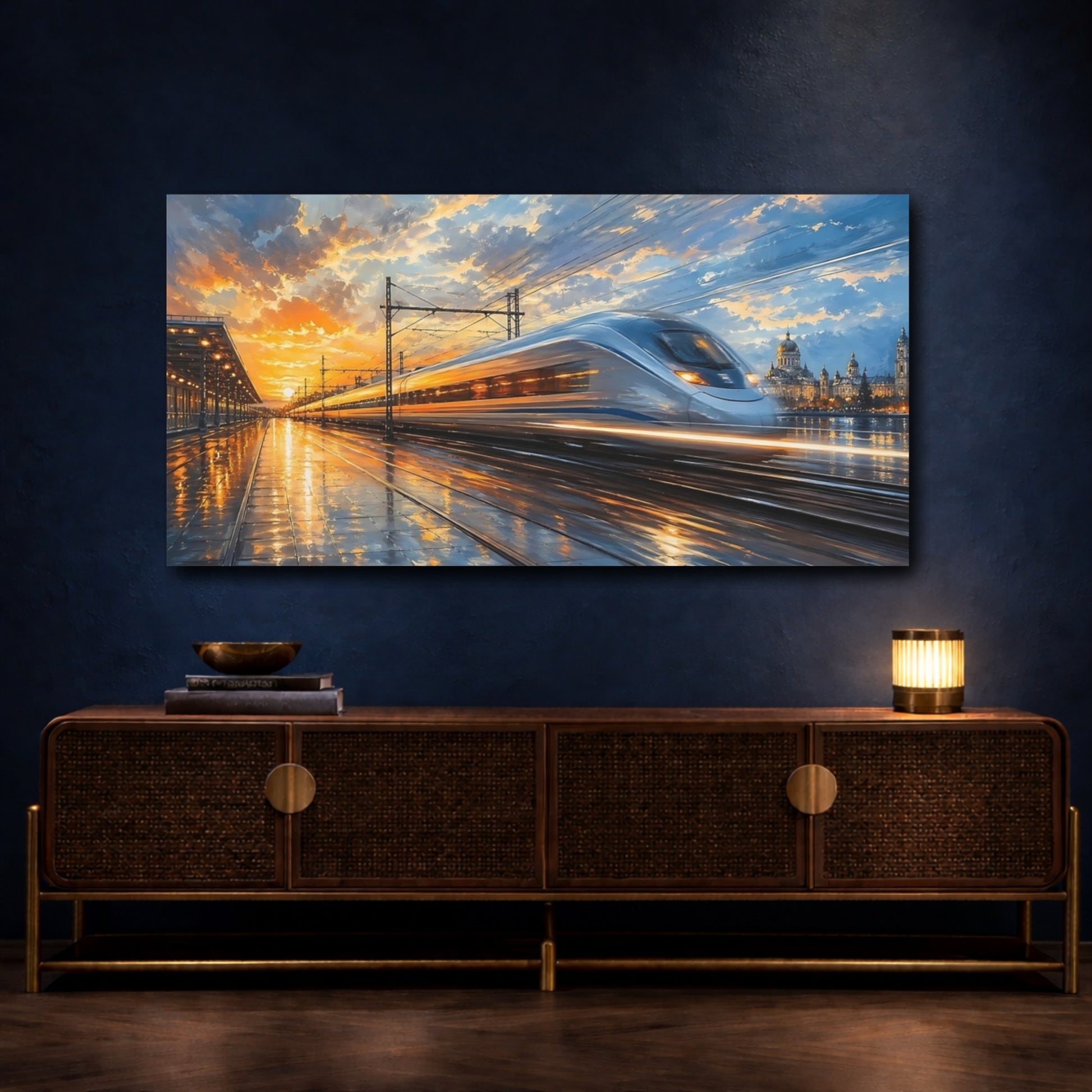 Mockup 4. Abstract Bullet Train Orange And Blue shown as stretched canvas wall art