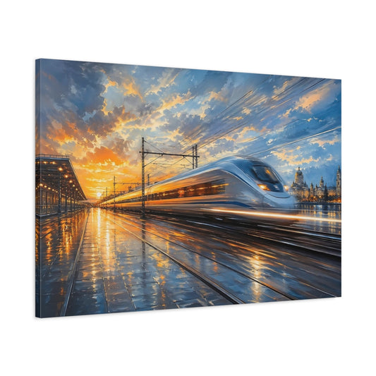 Main Mockup. Abstract Bullet Train Orange And Blue Train shown as stretched canvas wall art