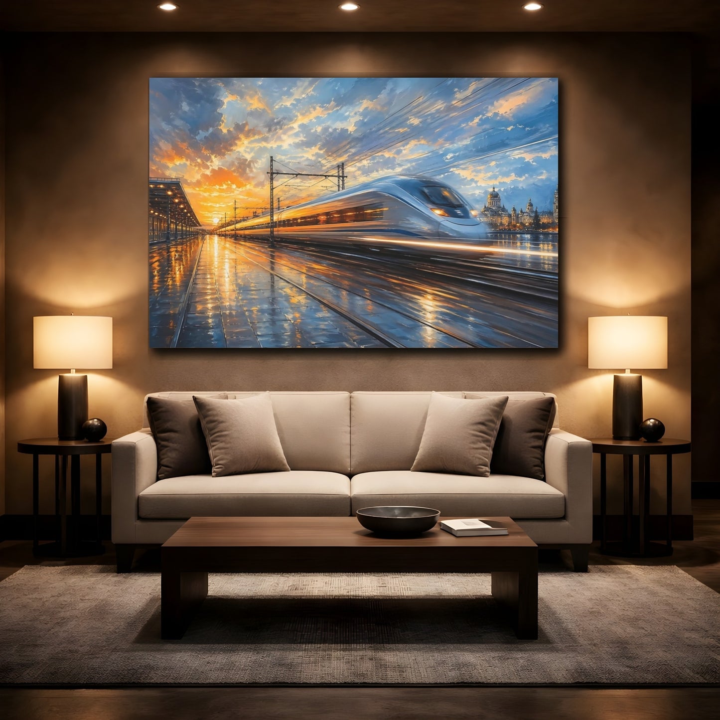 Mockup 2. Abstract Bullet Train Orange And Blue Train shown as stretched canvas wall art