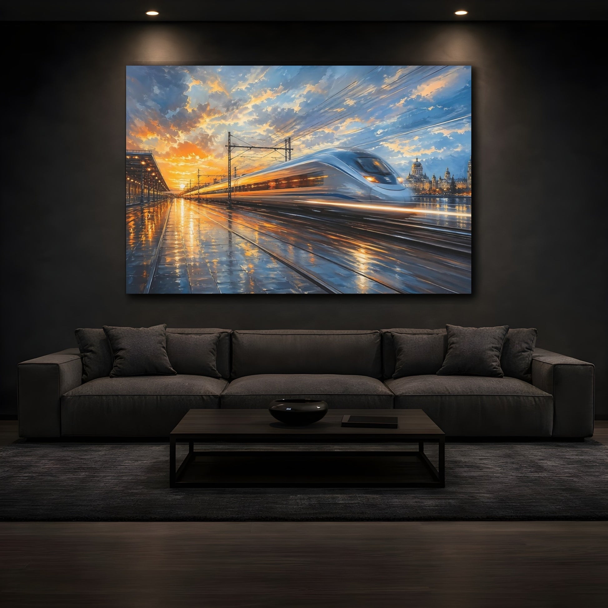 Mockup 3. Abstract Bullet Train Orange And Blue Train shown as stretched canvas wall art