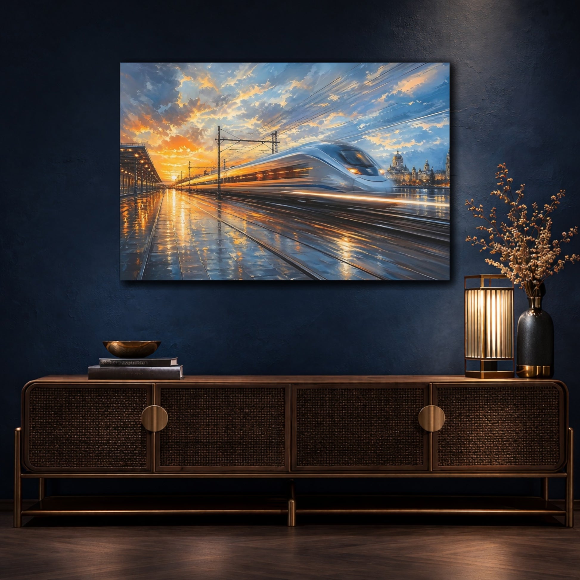 Mockup 4. Abstract Bullet Train Orange And Blue Train shown as stretched canvas wall art