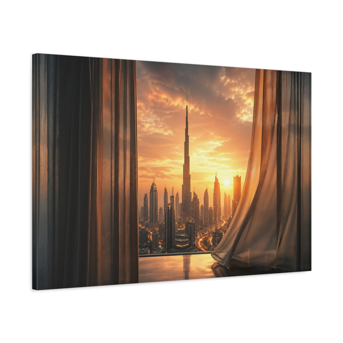 Main Mockup. Abstract Burj Khalifa Orange And Gold shown as stretched canvas wall art
