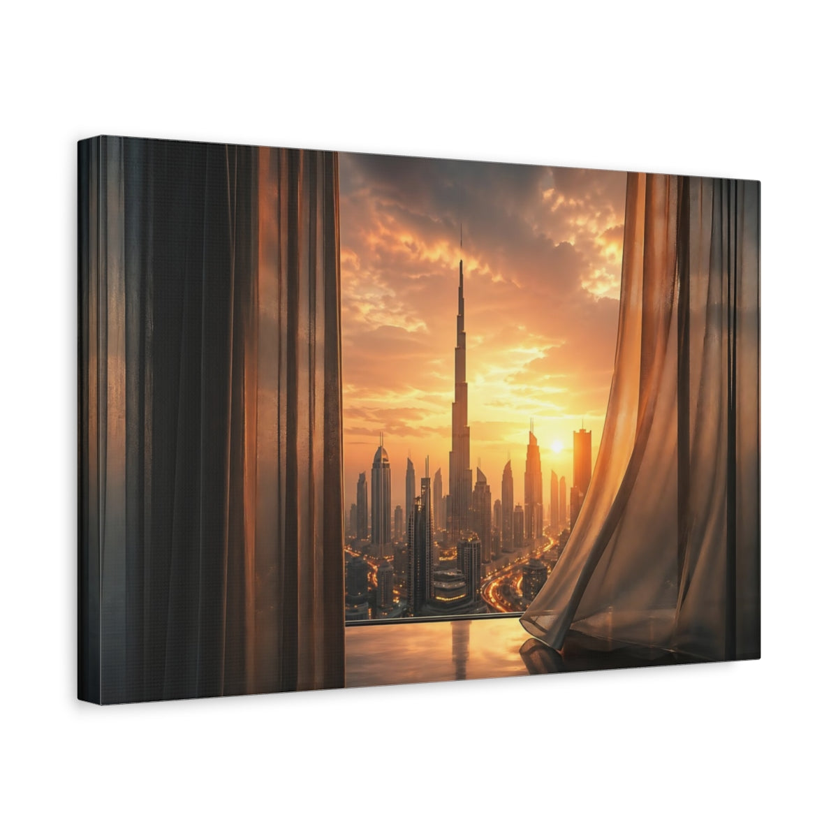 Side Mockup 4. Abstract Burj Khalifa Orange And Gold shown as stretched canvas wall art