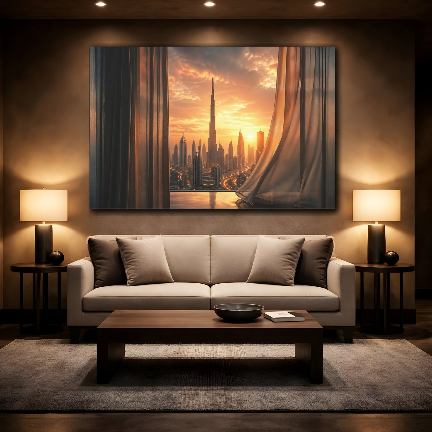 Mockup 2. Abstract Burj Khalifa Orange And Gold shown as stretched canvas wall art
