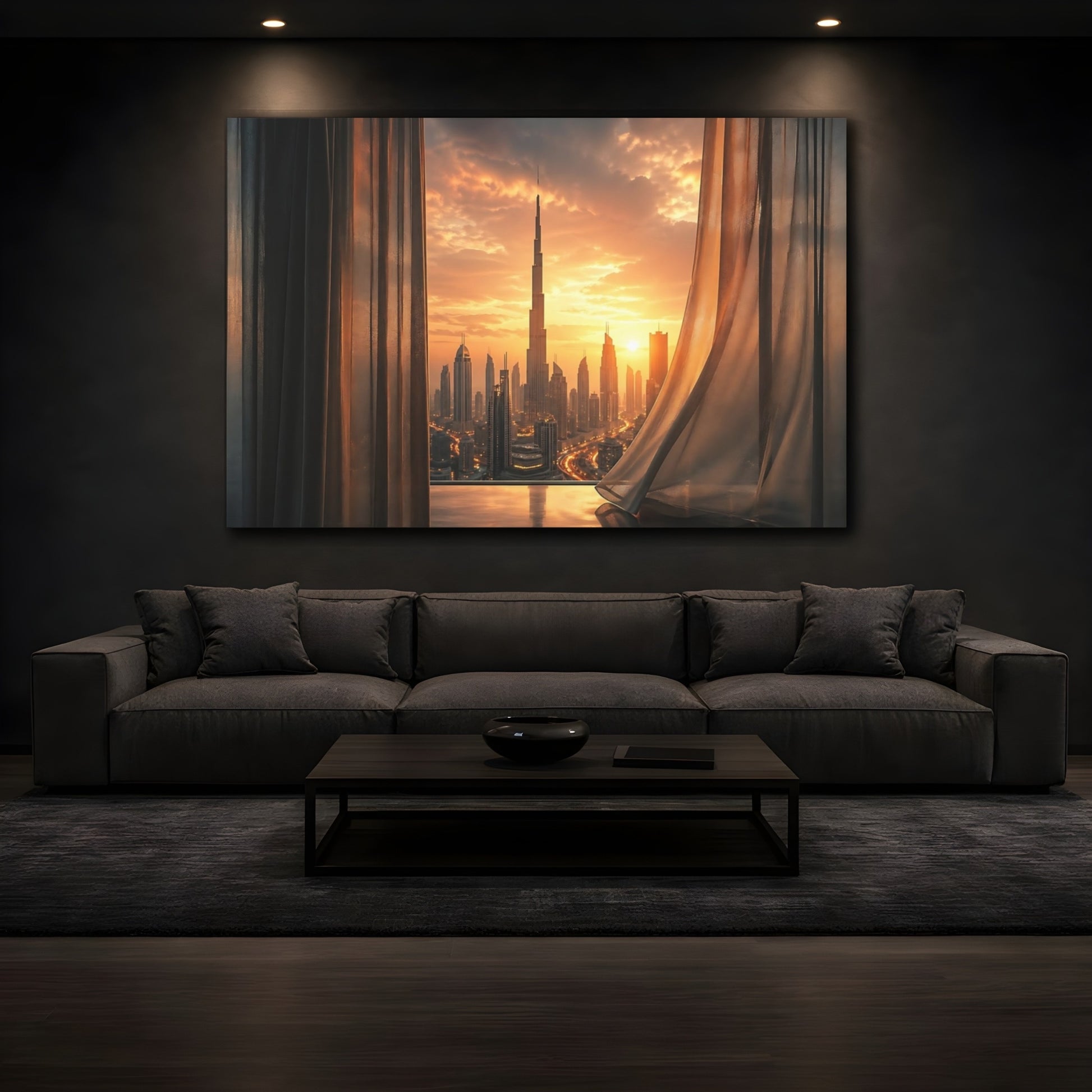 Mockup 3. Abstract Burj Khalifa Orange And Gold shown as stretched canvas wall art