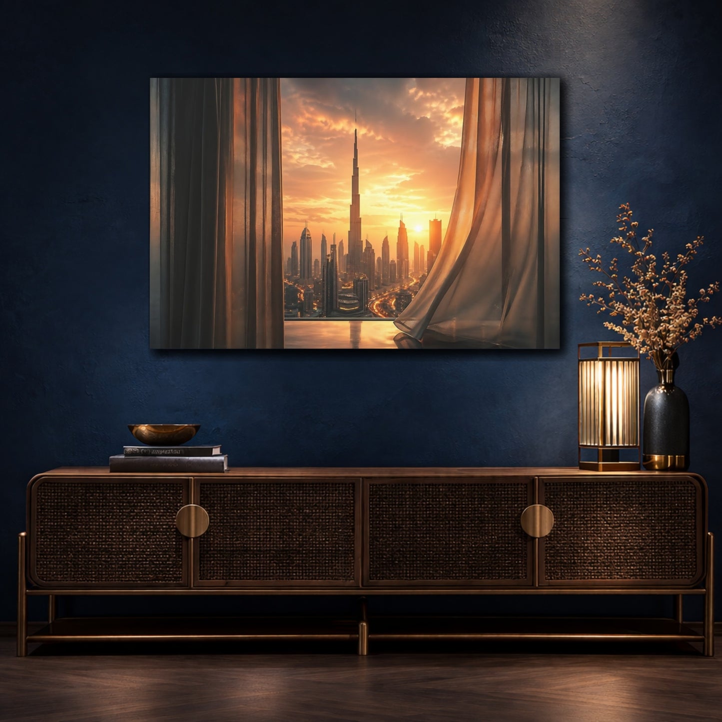 Mockup 4. Abstract Burj Khalifa Orange And Gold shown as stretched canvas wall art