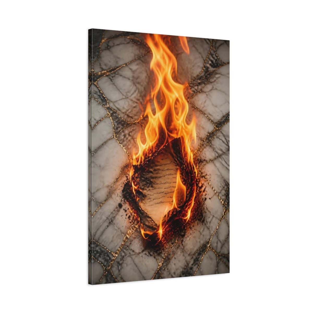 Main Mockup. Abstract Burning Document Orange And Gold shown as stretched canvas wall art