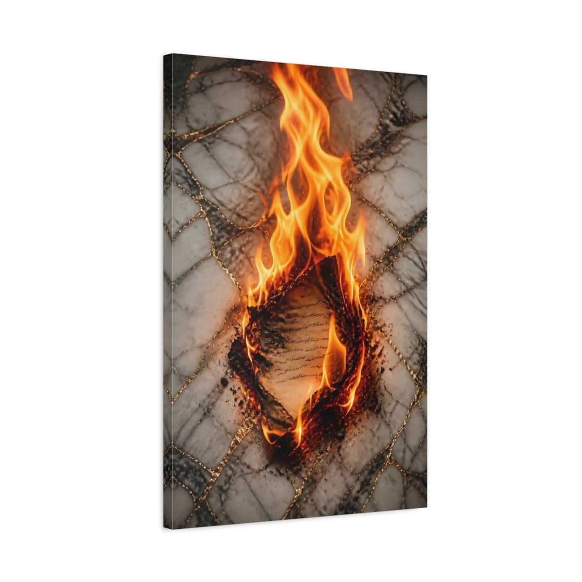 Side Mockup 2. Abstract Burning Document Orange And Gold shown as stretched canvas wall art