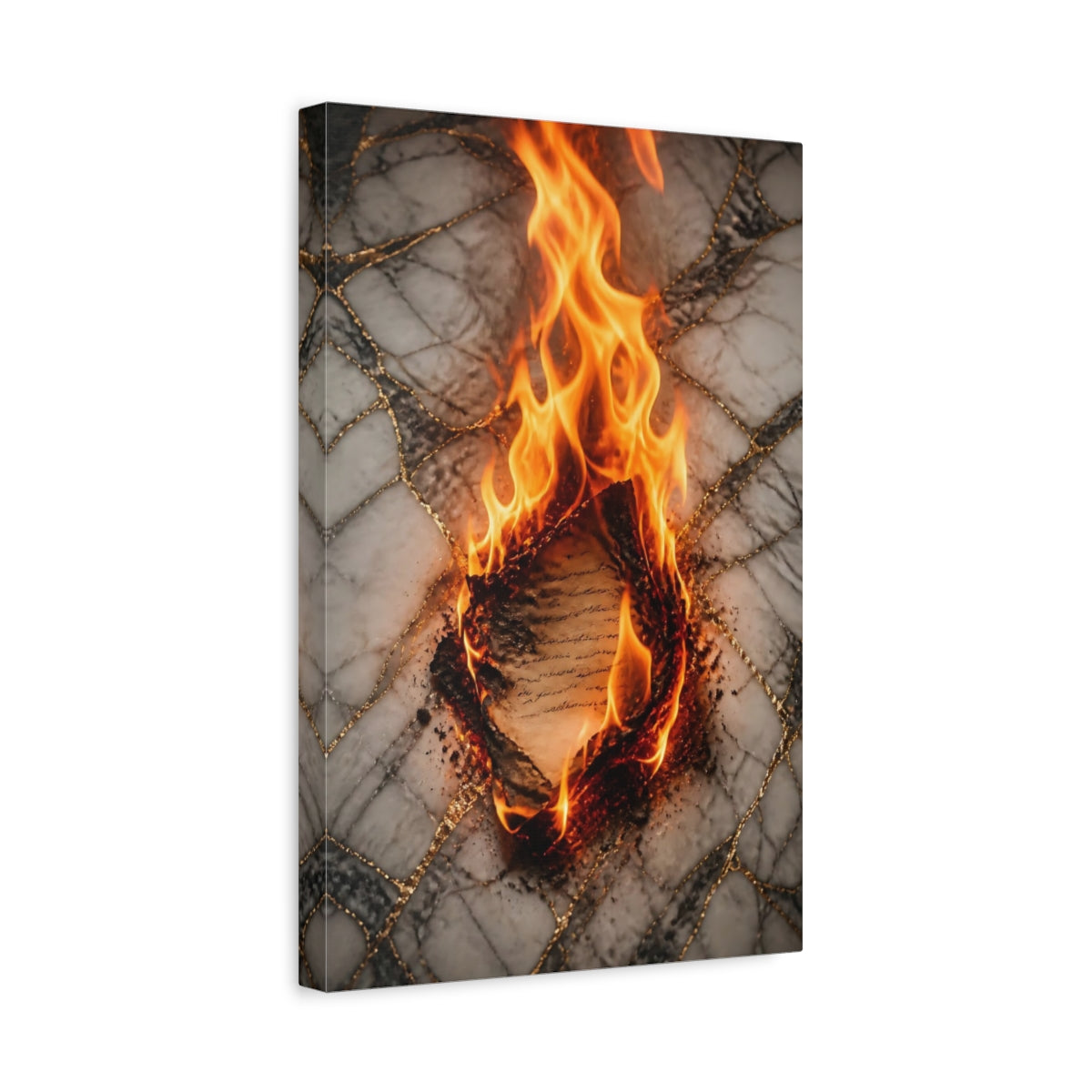 Side Mockup 4. Abstract Burning Document Orange And Gold shown as stretched canvas wall art