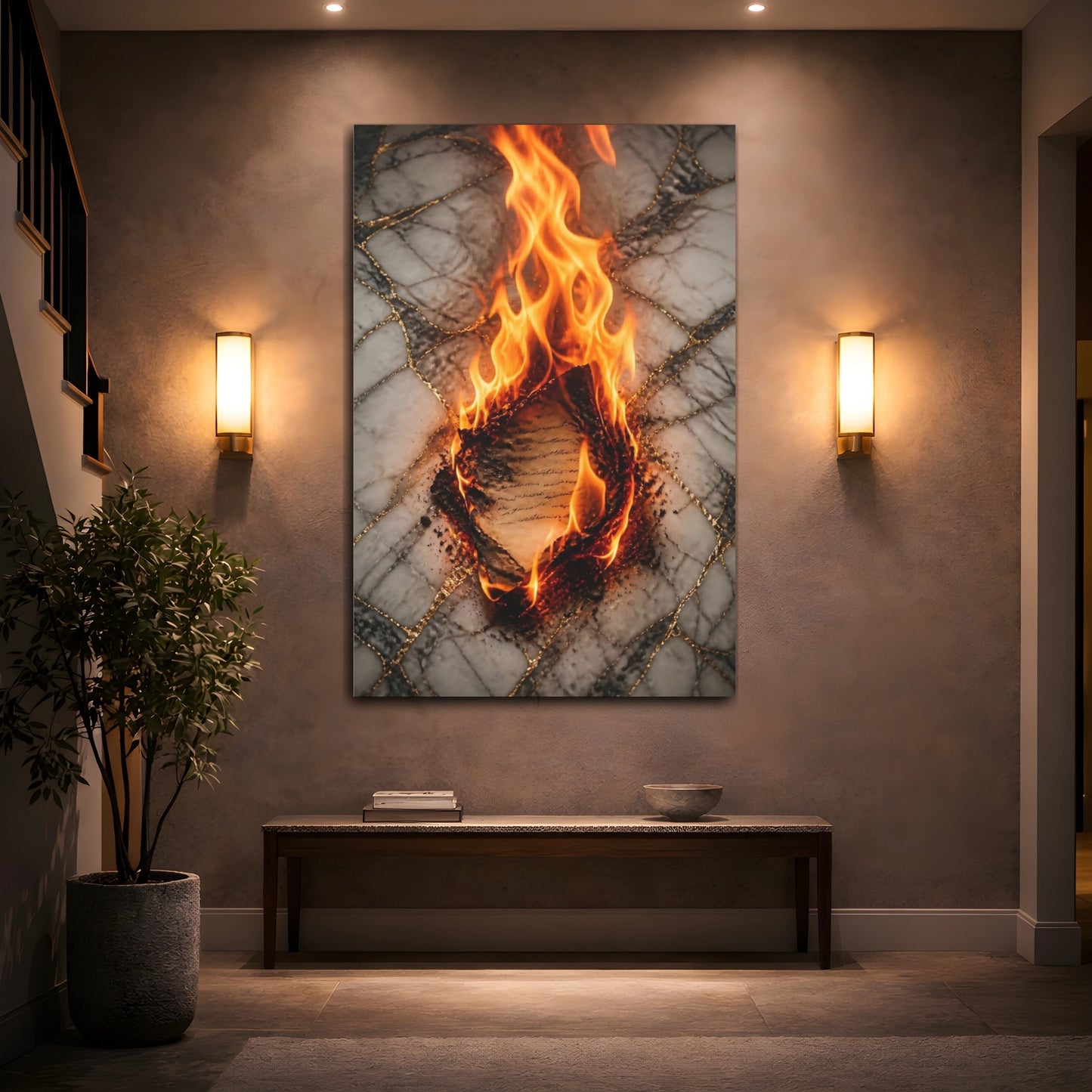 Mockup 2. Abstract Burning Document Orange And Gold shown as stretched canvas wall art