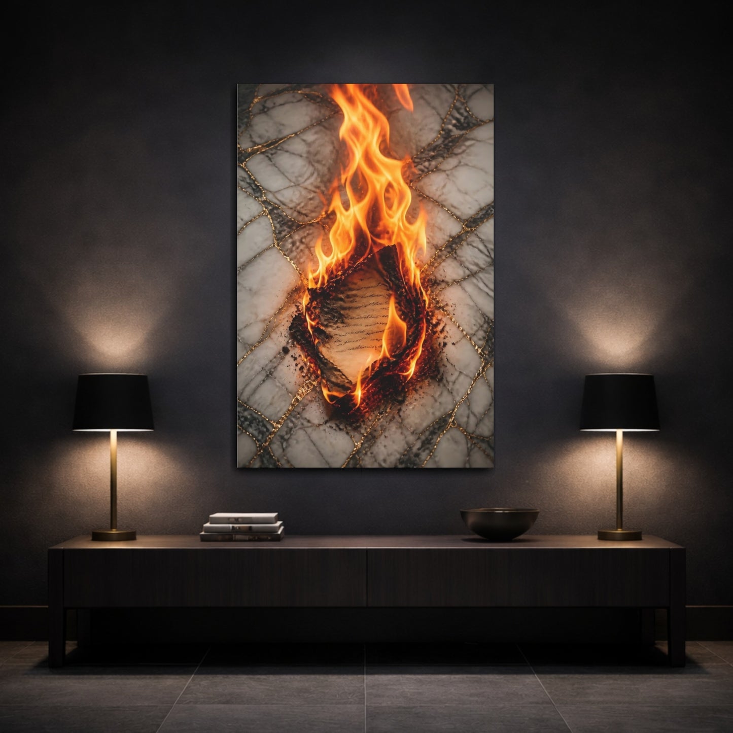 Mockup 3. Abstract Burning Document Orange And Gold shown as stretched canvas wall art
