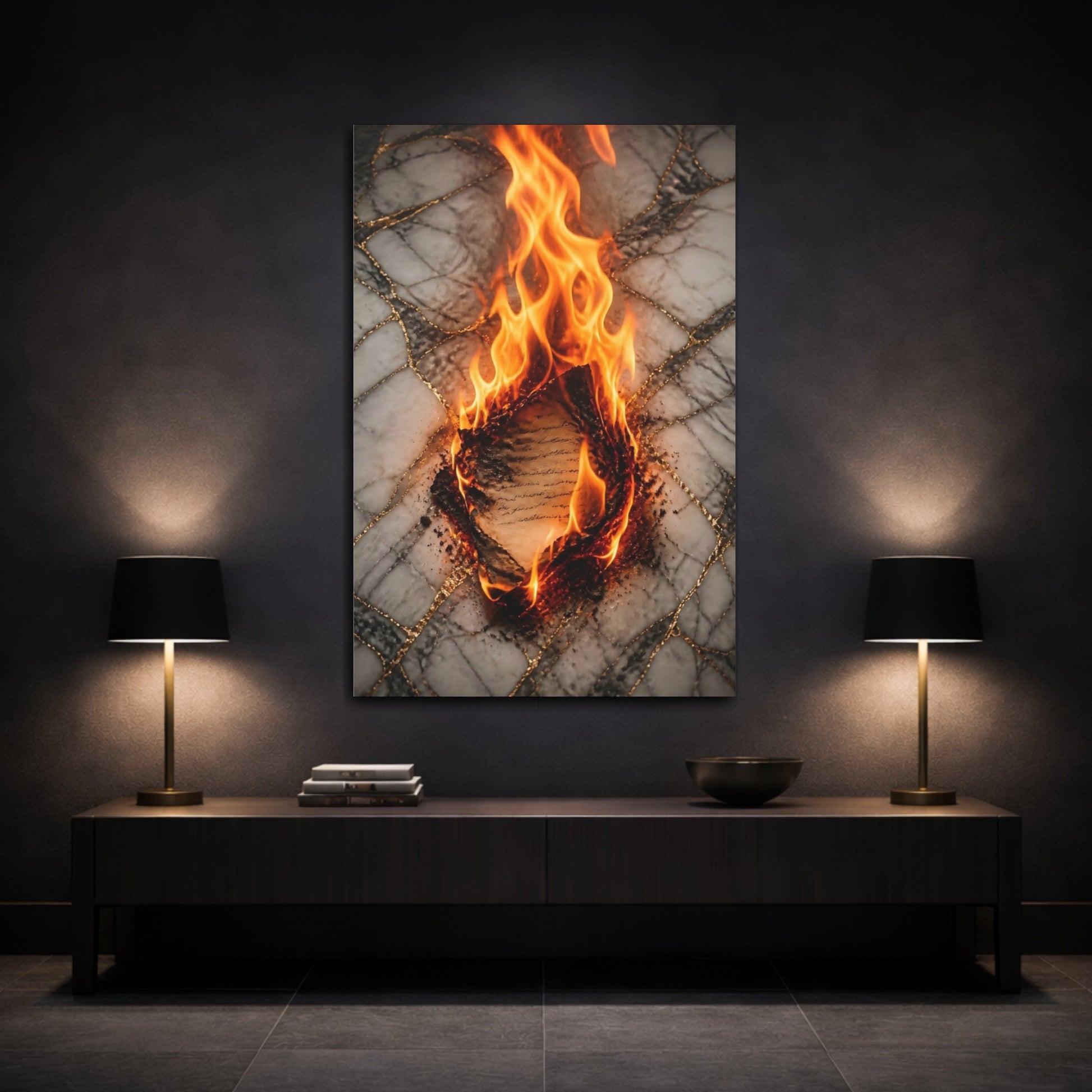 Mockup 3. Abstract Burning Document Orange And Gold shown as stretched canvas wall art