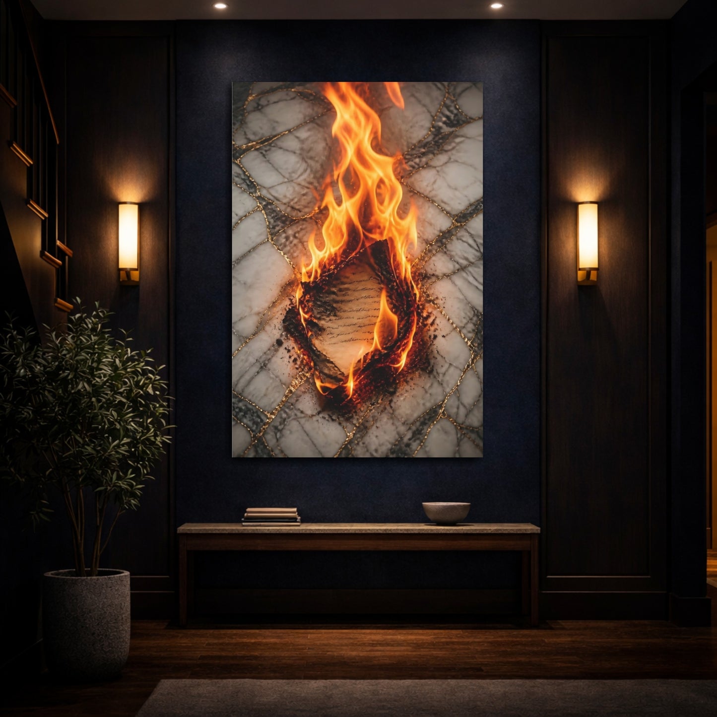 Mockup 4. Abstract Burning Document Orange And Gold shown as stretched canvas wall art