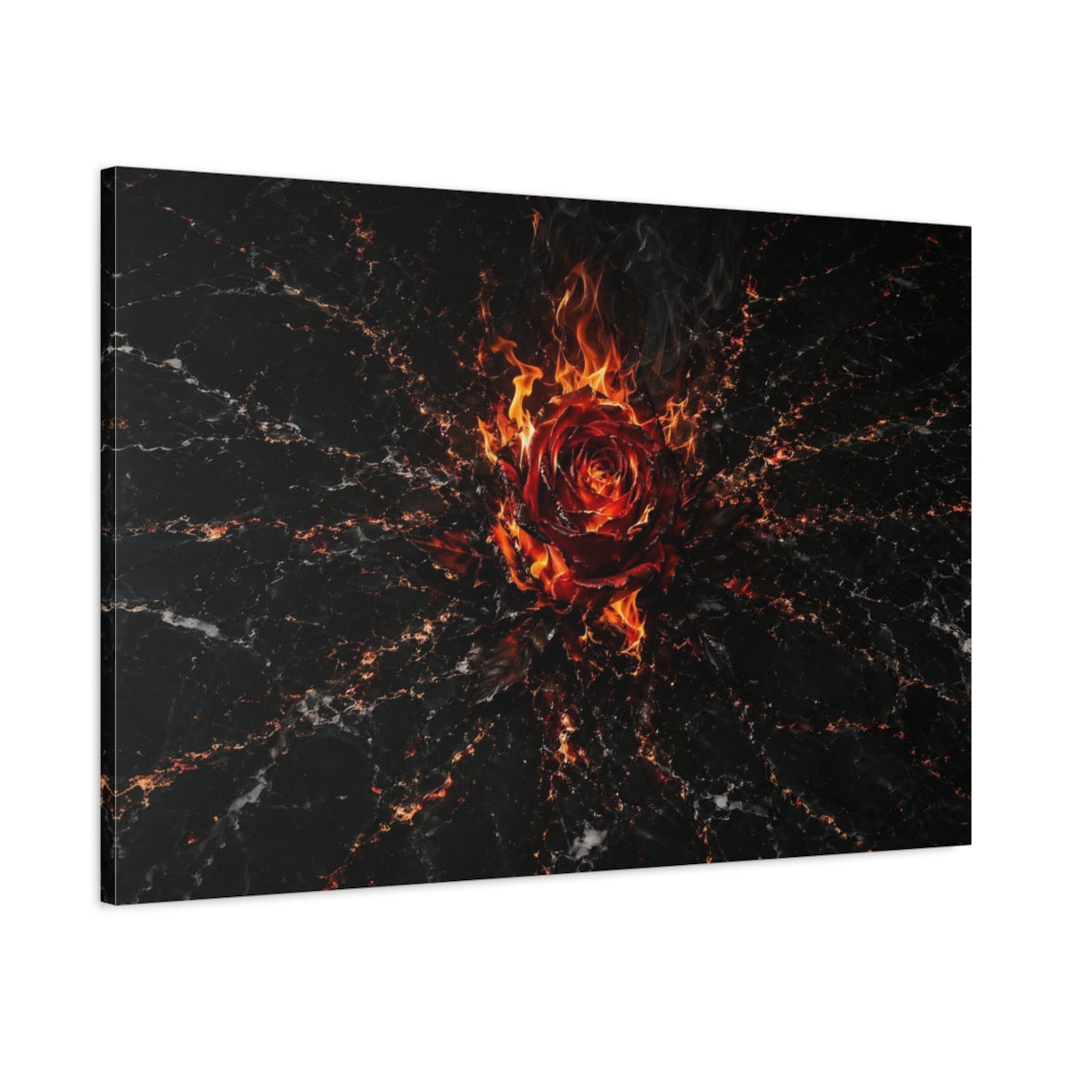 Main Mockup. Abstract Burning Rose Red And Black shown as stretched canvas wall art