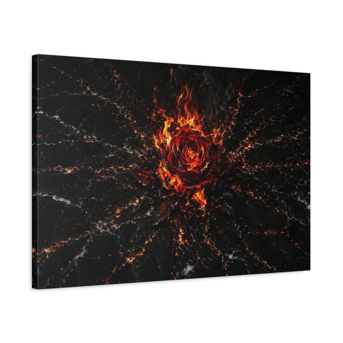 Side Mockup 2. Abstract Burning Rose Red And Black shown as stretched canvas wall art