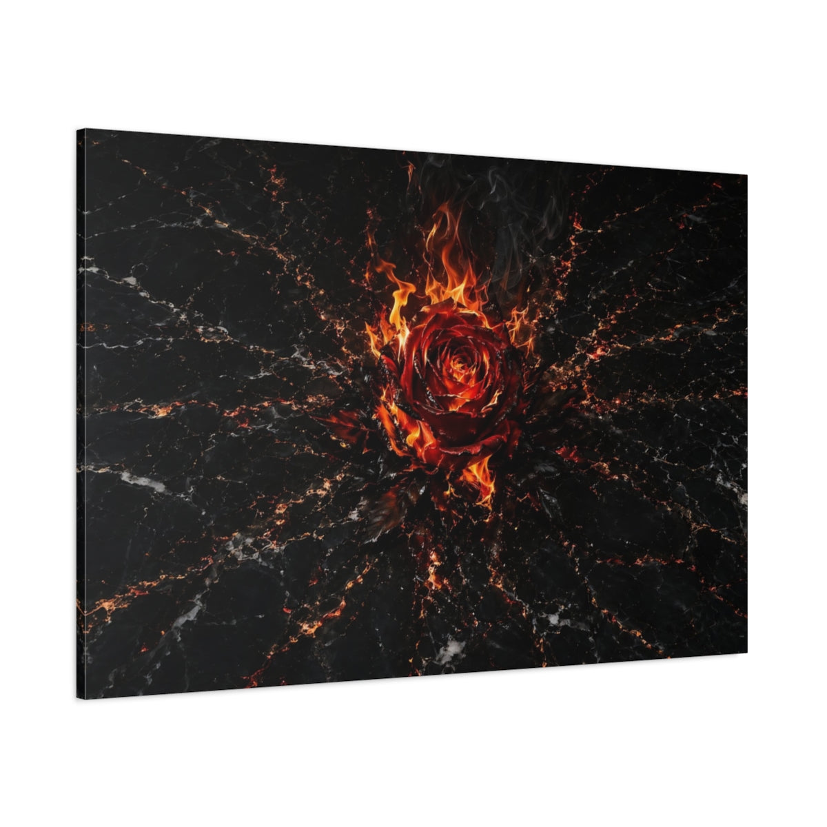 Side Mockup 1. Abstract Burning Rose Red And Black shown as stretched canvas wall art