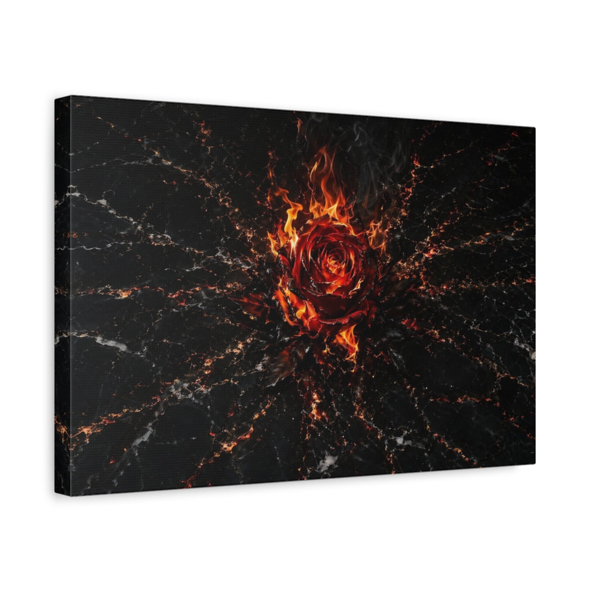 Side Mockup 4. Abstract Burning Rose Red And Black shown as stretched canvas wall art