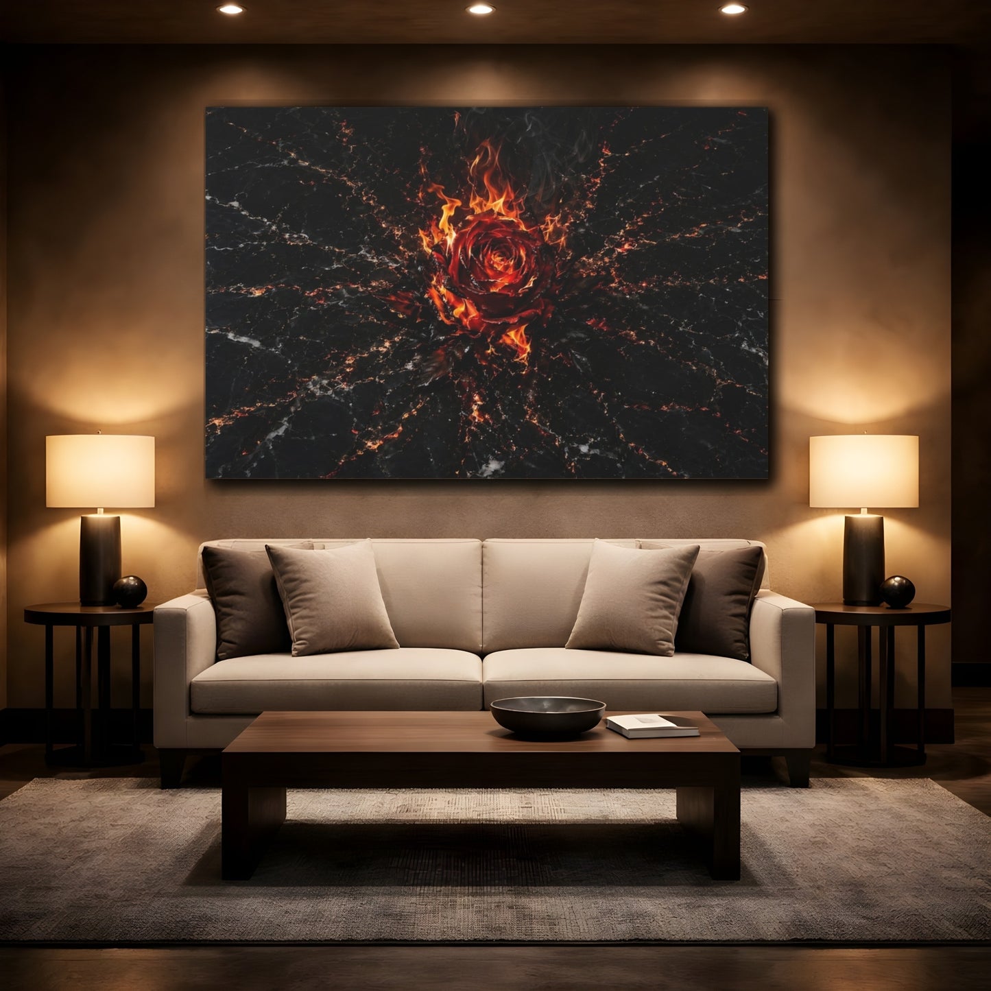 Mockup 2. Abstract Burning Rose Red And Black shown as stretched canvas wall art