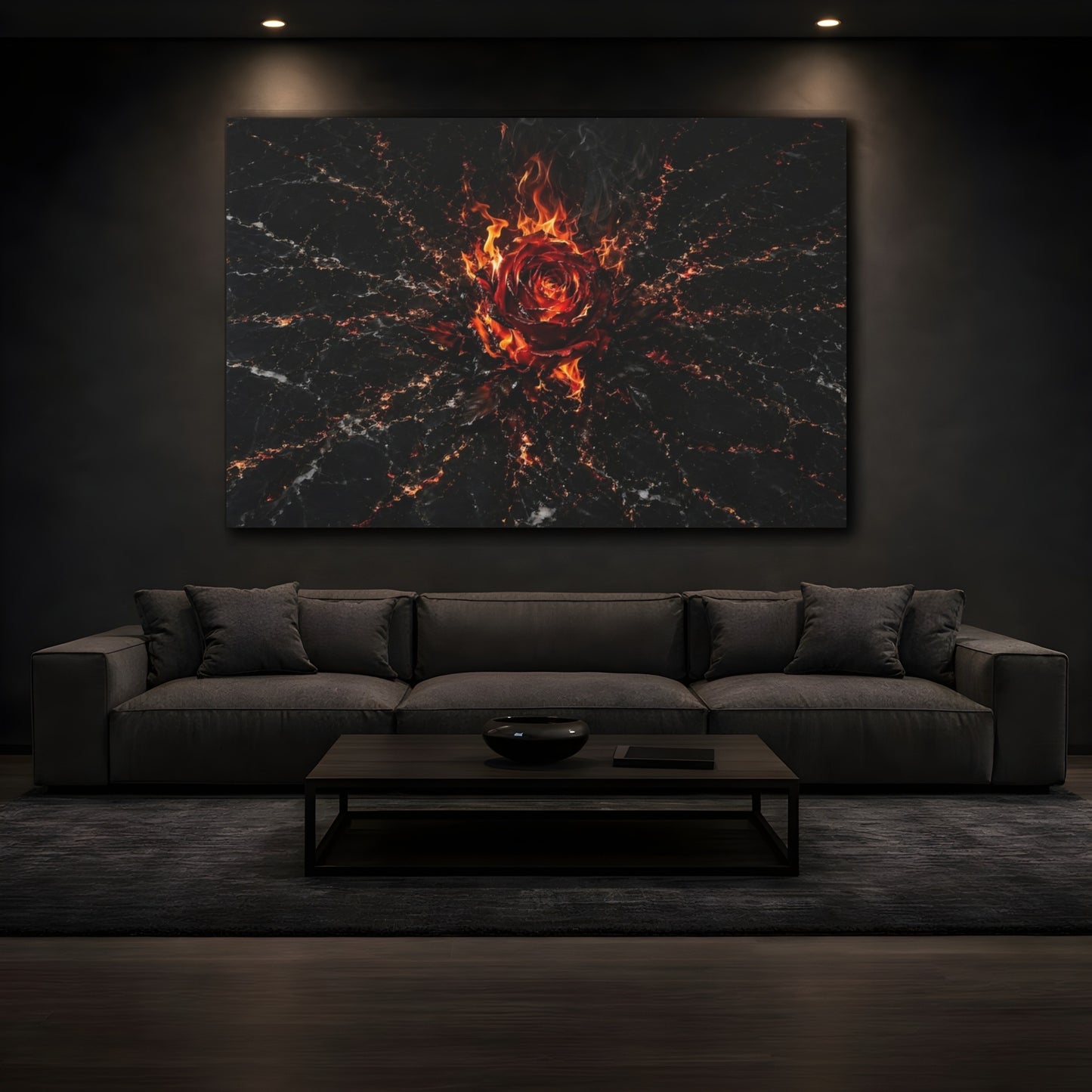 Mockup 3. Abstract Burning Rose Red And Black shown as stretched canvas wall art