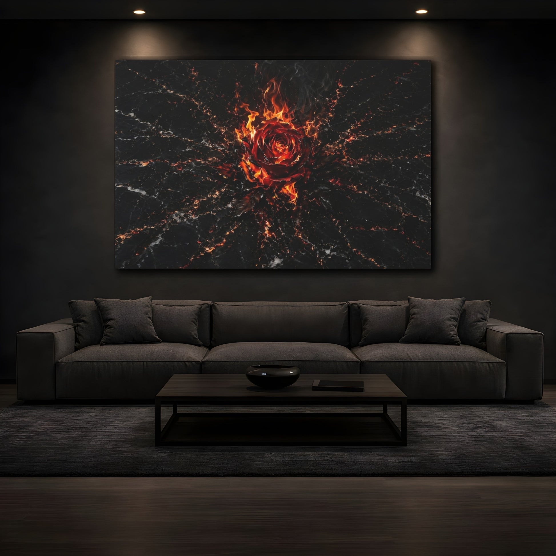 Mockup 3. Abstract Burning Rose Red And Black shown as stretched canvas wall art