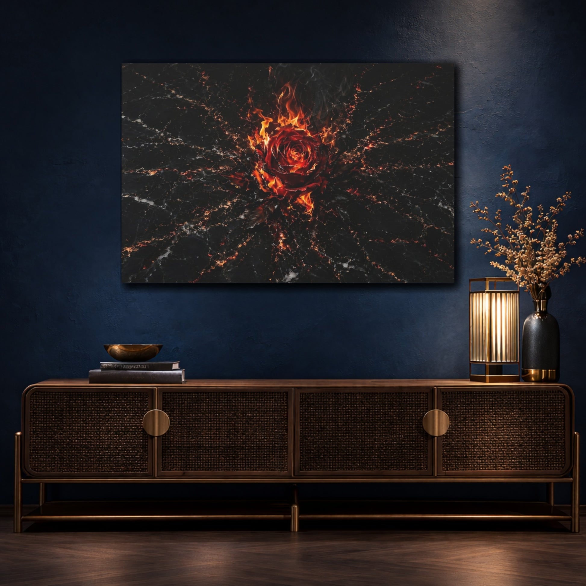 Mockup 4. Abstract Burning Rose Red And Black shown as stretched canvas wall art