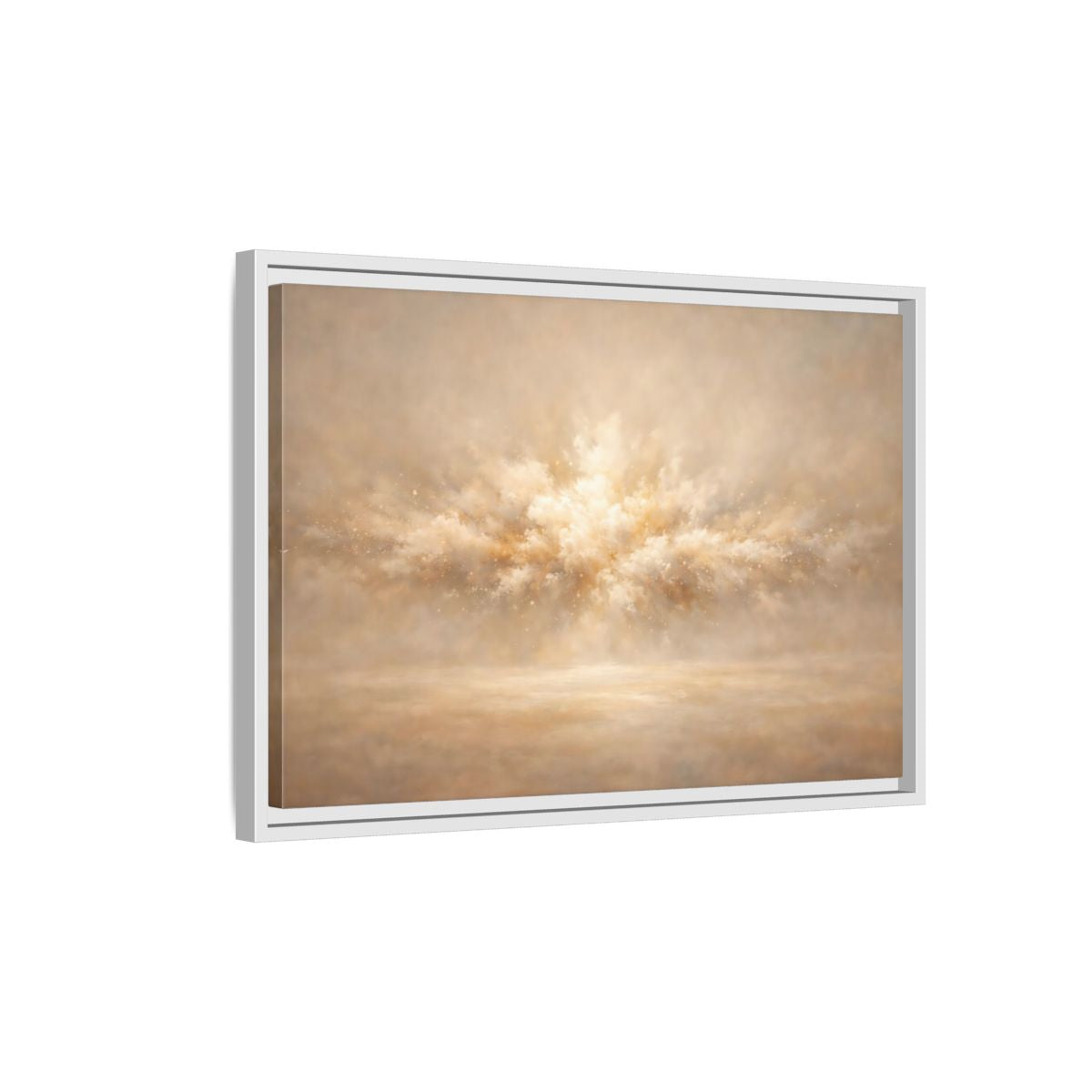 Side Mockup 1. Abstract Abstract Burst Beige And Gold shown as stretched canvas wall art