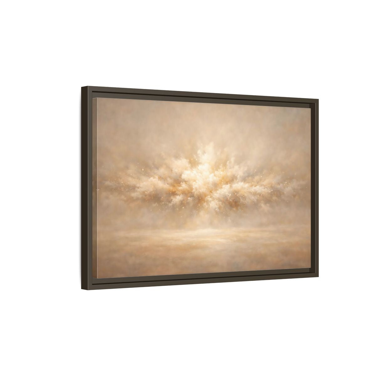 Side Mockup 2. Abstract Abstract Burst Beige And Gold shown as stretched canvas wall art
