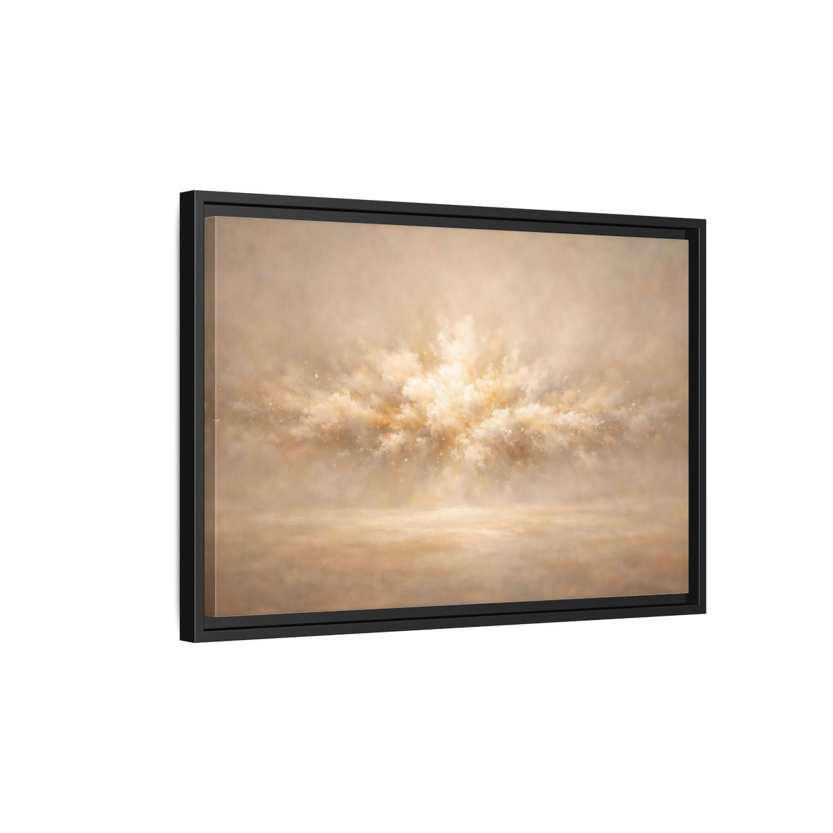 Side Mockup 3. Abstract Abstract Burst Beige And Gold shown as stretched canvas wall art