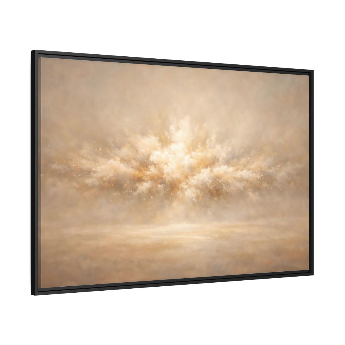 Side Mockup 12. Abstract Abstract Burst Beige And Gold shown as stretched canvas wall art