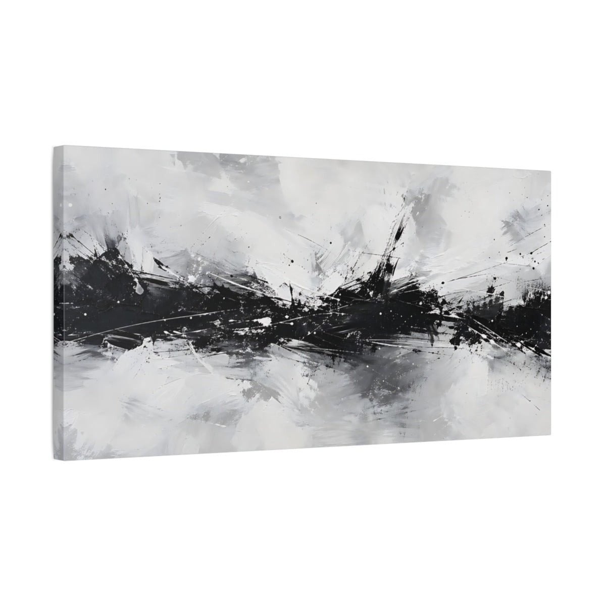 Side Mockup 1. Abstract Abstract Burst Black And White shown as stretched canvas wall art