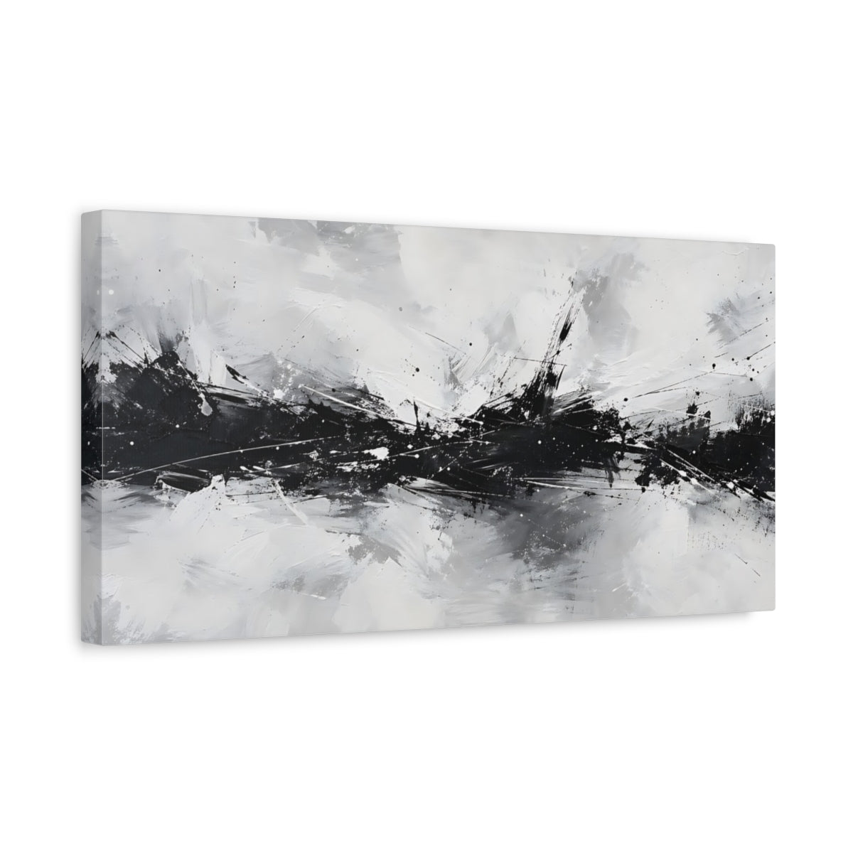 Side Mockup 3. Abstract Abstract Burst Black And White shown as stretched canvas wall art