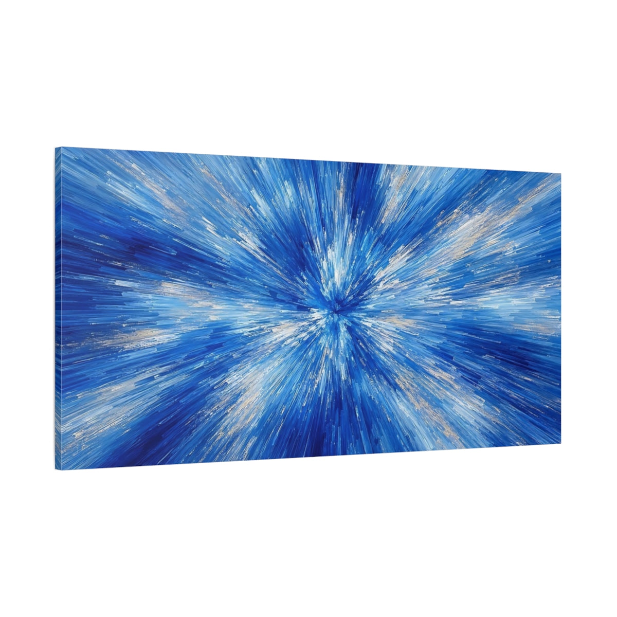 Side Mockup 2. Abstract Abstract Burst Blue And Gold shown as stretched canvas wall art