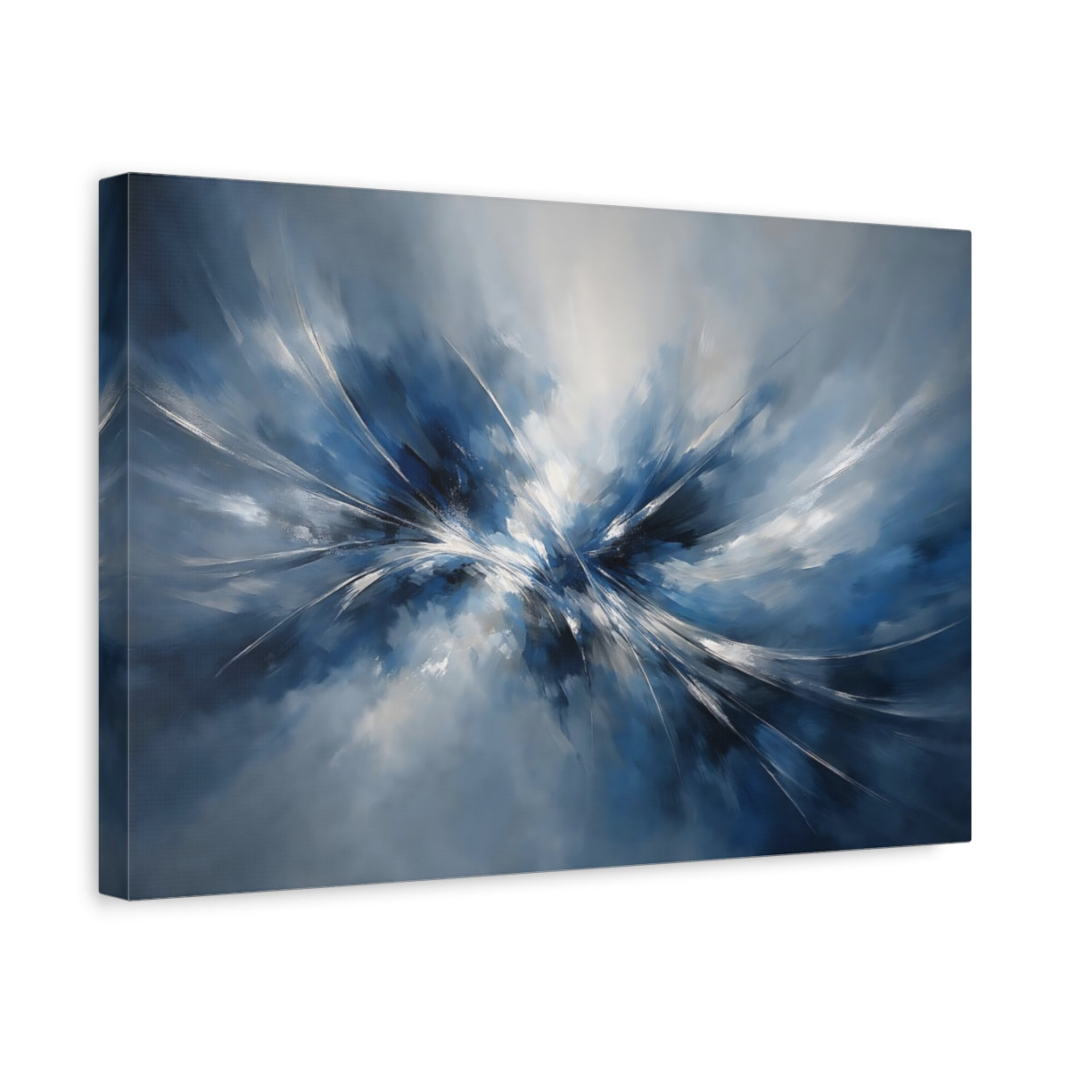Side Mockup 4. Abstract Abstract Burst Blue And White Abstract shown as stretched canvas wall art