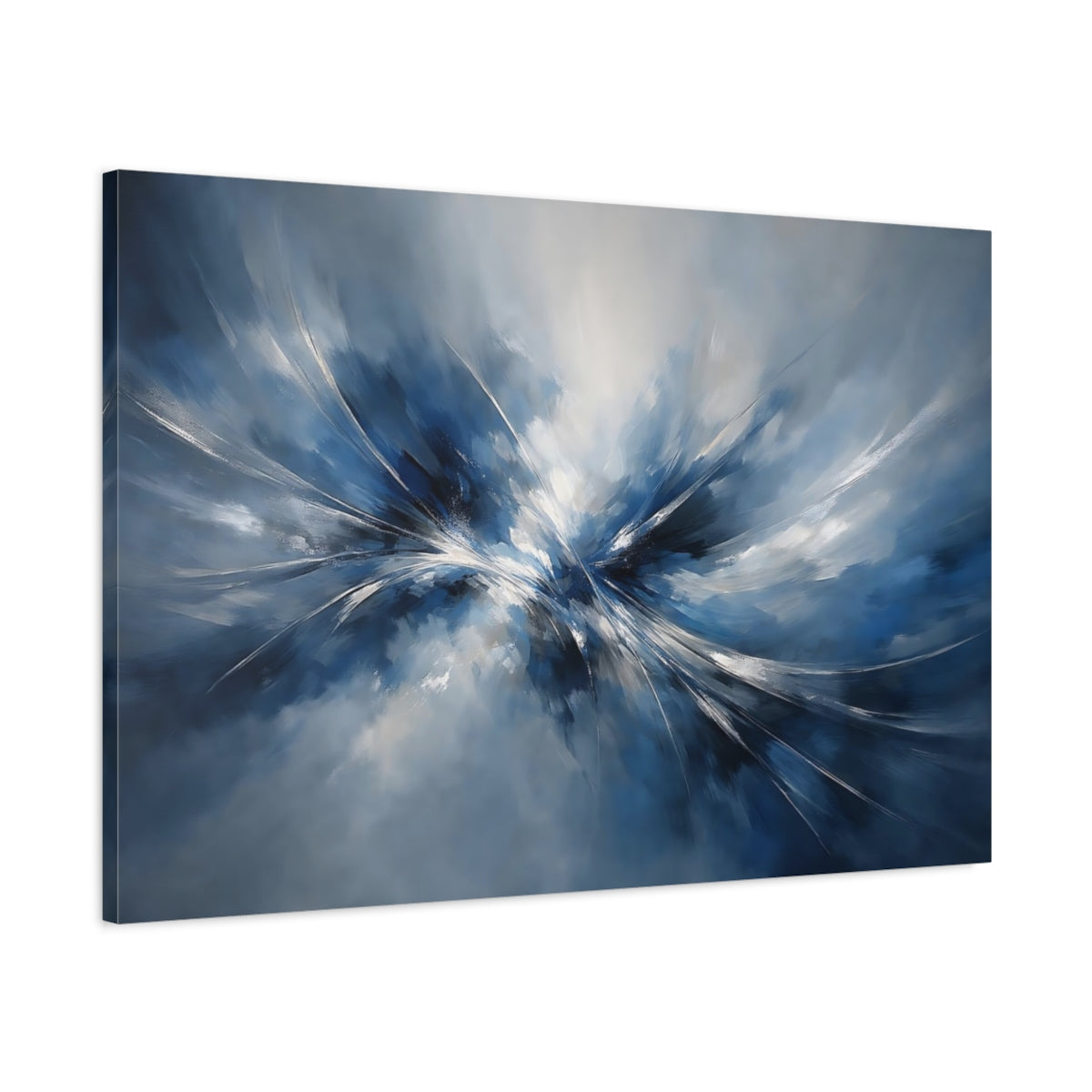 Side Mockup 1. Abstract Abstract Burst Blue And White Abstract shown as stretched canvas wall art