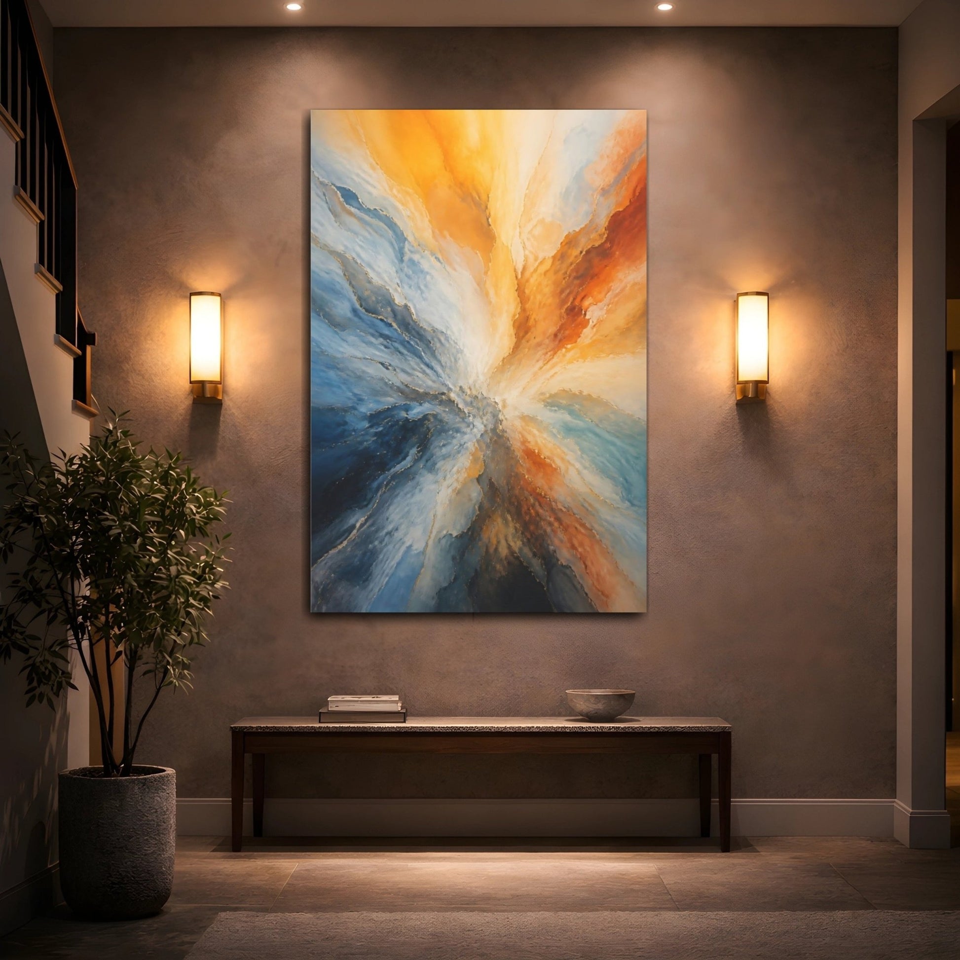 Abstract Burst Blue Orange Gold Canvas Wall Art Print – Living Room Decor, Above Couch - YesArtYes