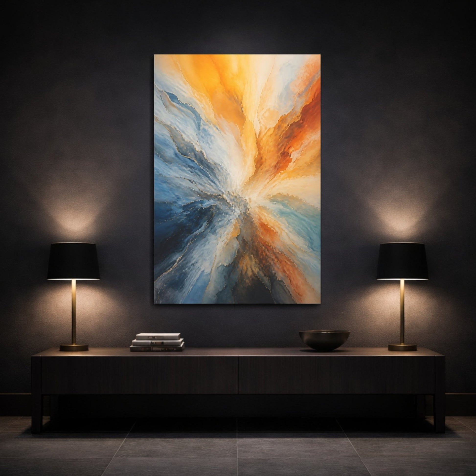 Abstract Burst Blue Orange Gold Canvas Wall Art Print – Living Room Decor, Above Couch - YesArtYes