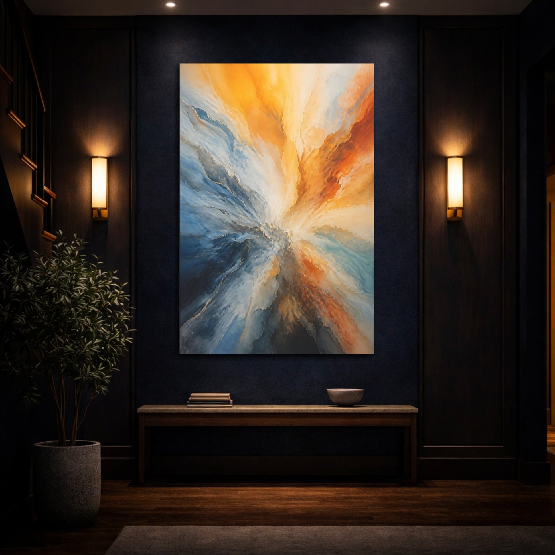 Abstract Burst Blue Orange Gold Canvas Wall Art Print – Living Room Decor, Above Couch - YesArtYes