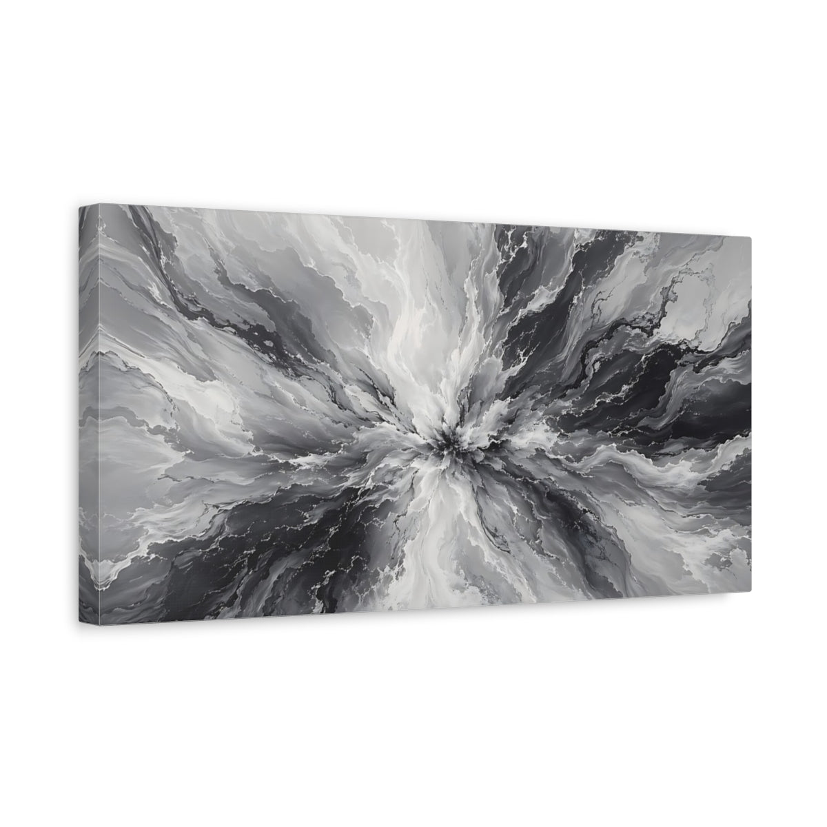 Side Mockup 3. Abstract Abstract Burst Gray And Black Abstract shown as stretched canvas wall art