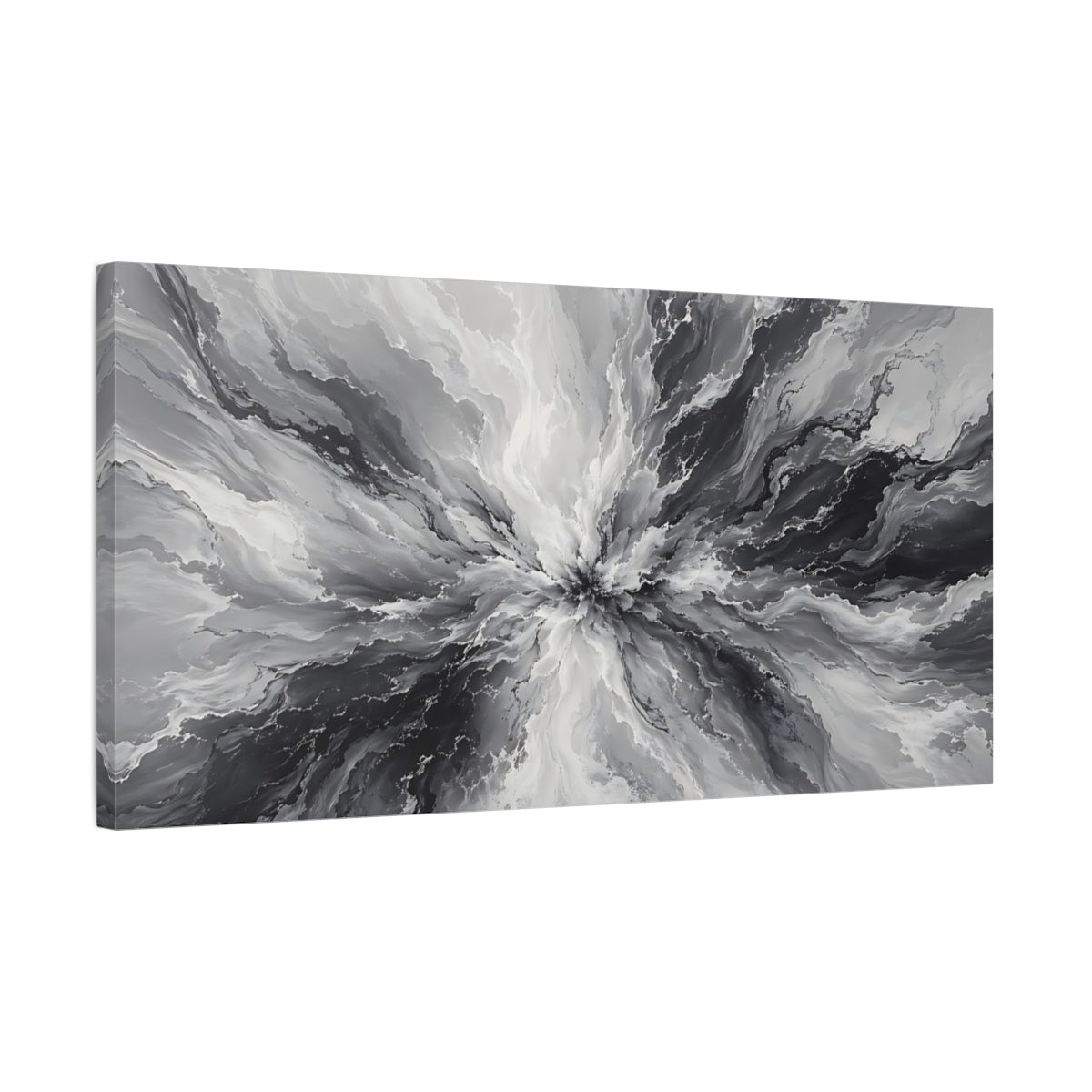 Side Mockup 1. Abstract Abstract Burst Gray And Black Abstract shown as stretched canvas wall art