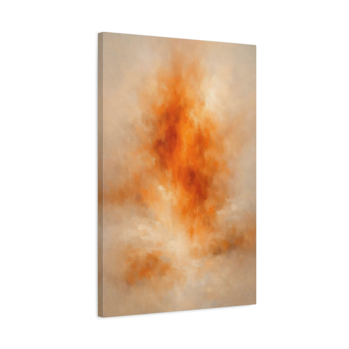 Side Mockup 2. Abstract Abstract Burst Orange And Tan shown as stretched canvas wall art