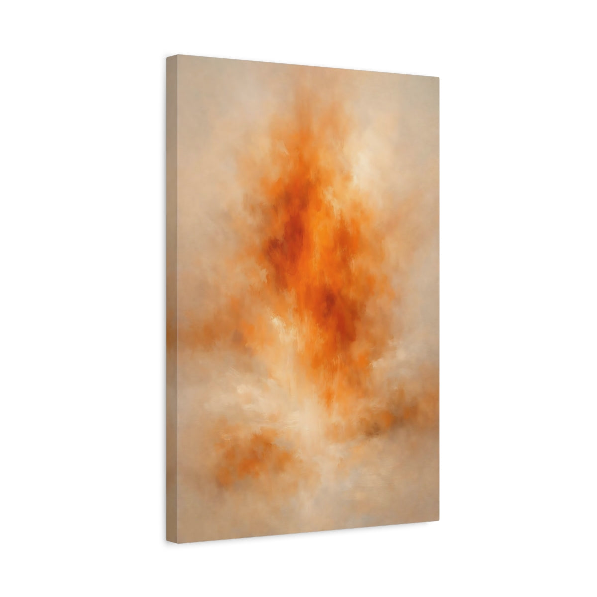 Side Mockup 3. Abstract Abstract Burst Orange And Tan shown as stretched canvas wall art