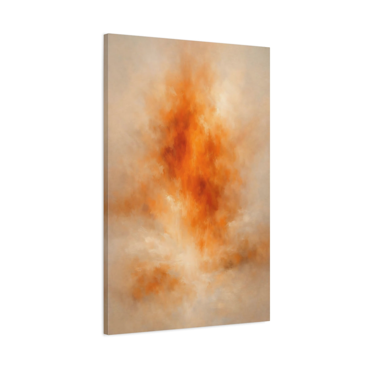Side Mockup 1. Abstract Abstract Burst Orange And Tan shown as stretched canvas wall art