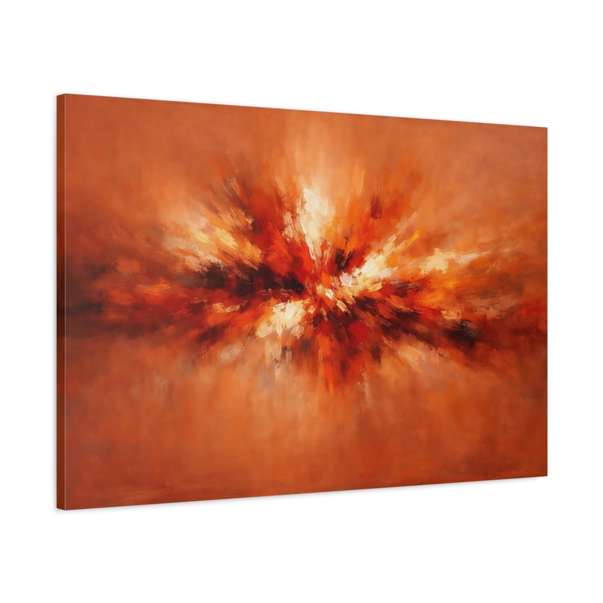 Side Mockup 1. Abstract Abstract Burst Orange Abstract shown as stretched canvas wall art