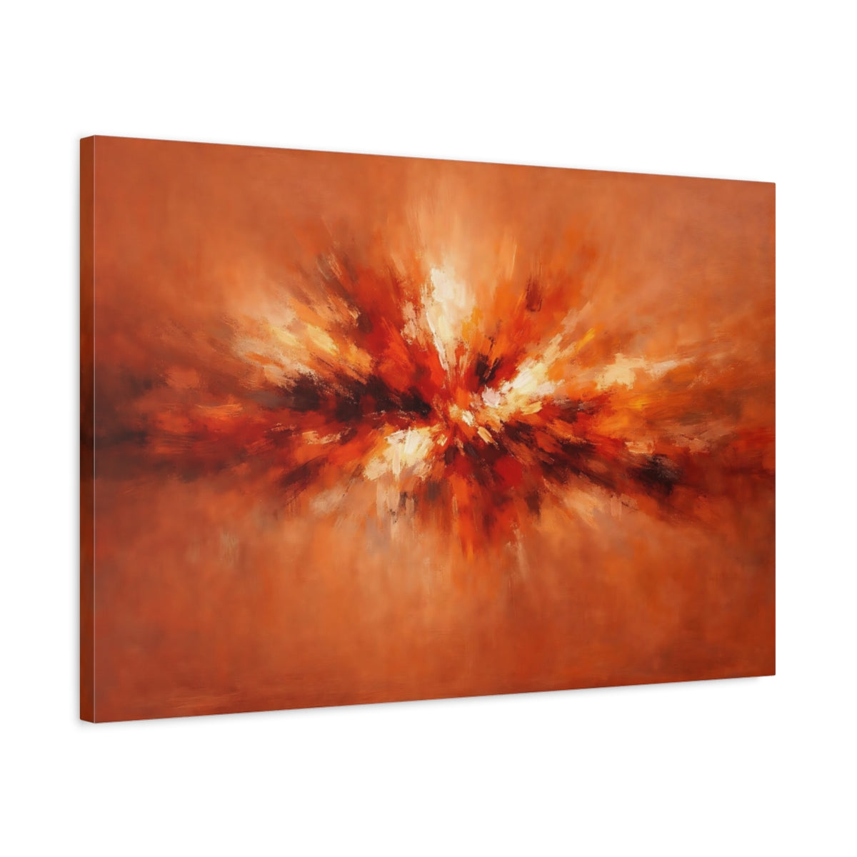 Side Mockup 2. Abstract Abstract Burst Orange Abstract shown as stretched canvas wall art
